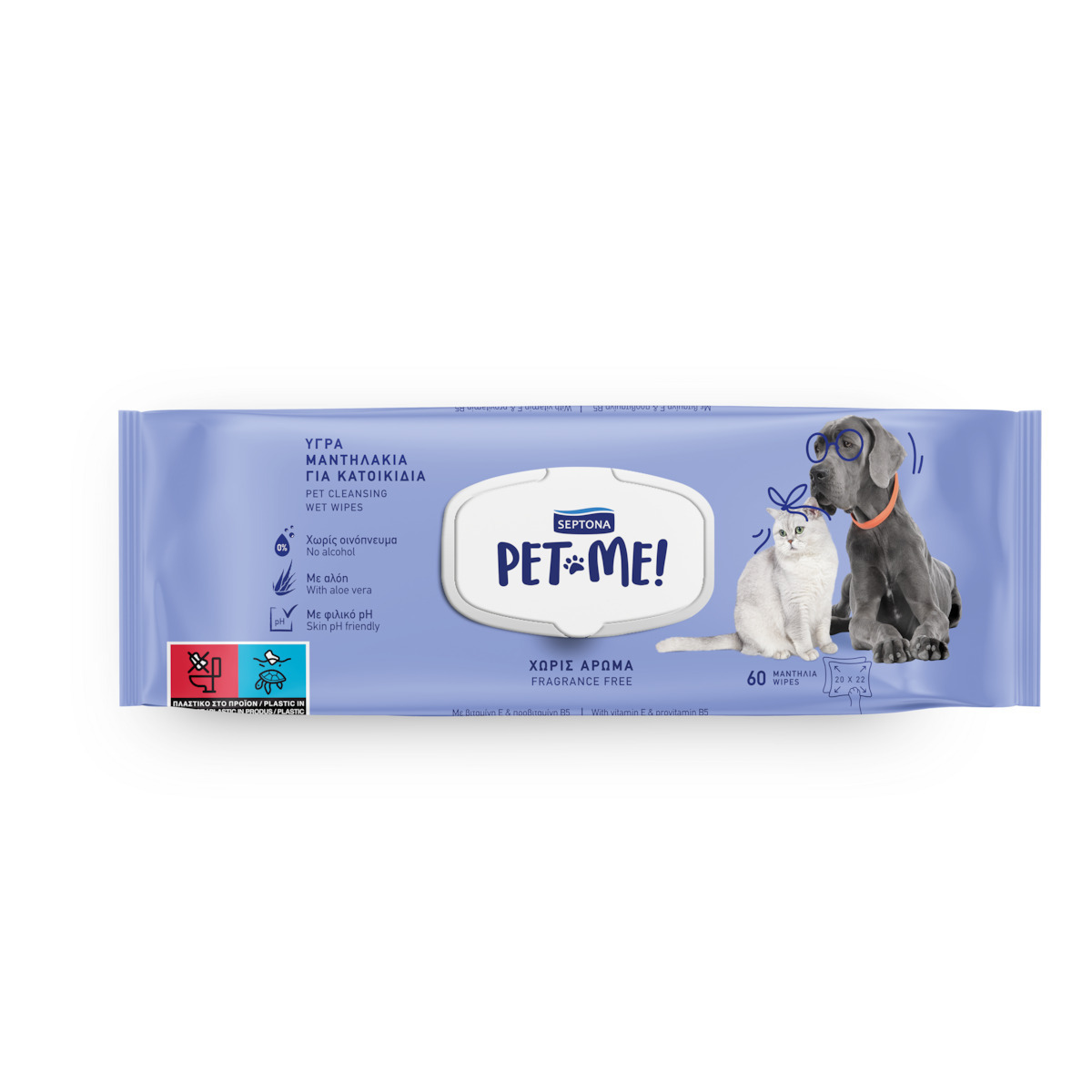 Septona Pet Me 60 Μαντηλάκια Σκύλου για Καθαρισμό Σώματος με Άρωμα Αλόη Ροζ - Image 1
